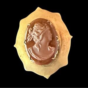 Vintage Brown Molded Greek Goddess Cameo in Brass Setting.